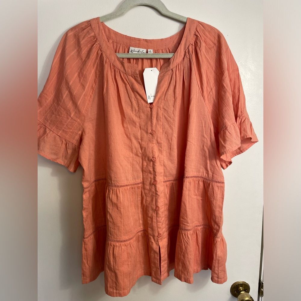 NWT Wonderly Rally June Button-Down 100% Cotton Short Sleeve Top in Peach Sz 1x